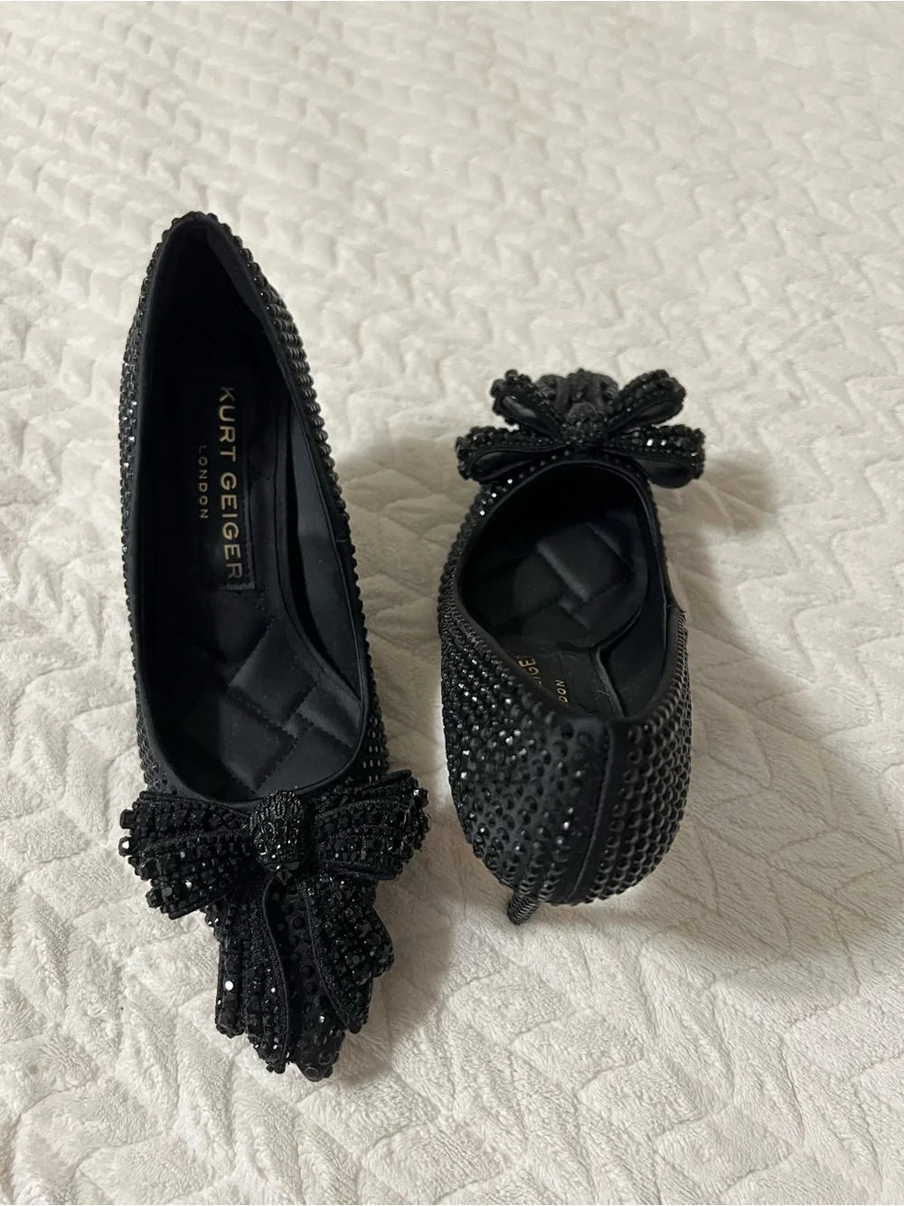 Kurt Geiger Black Sequin Bow Quilted Flats
